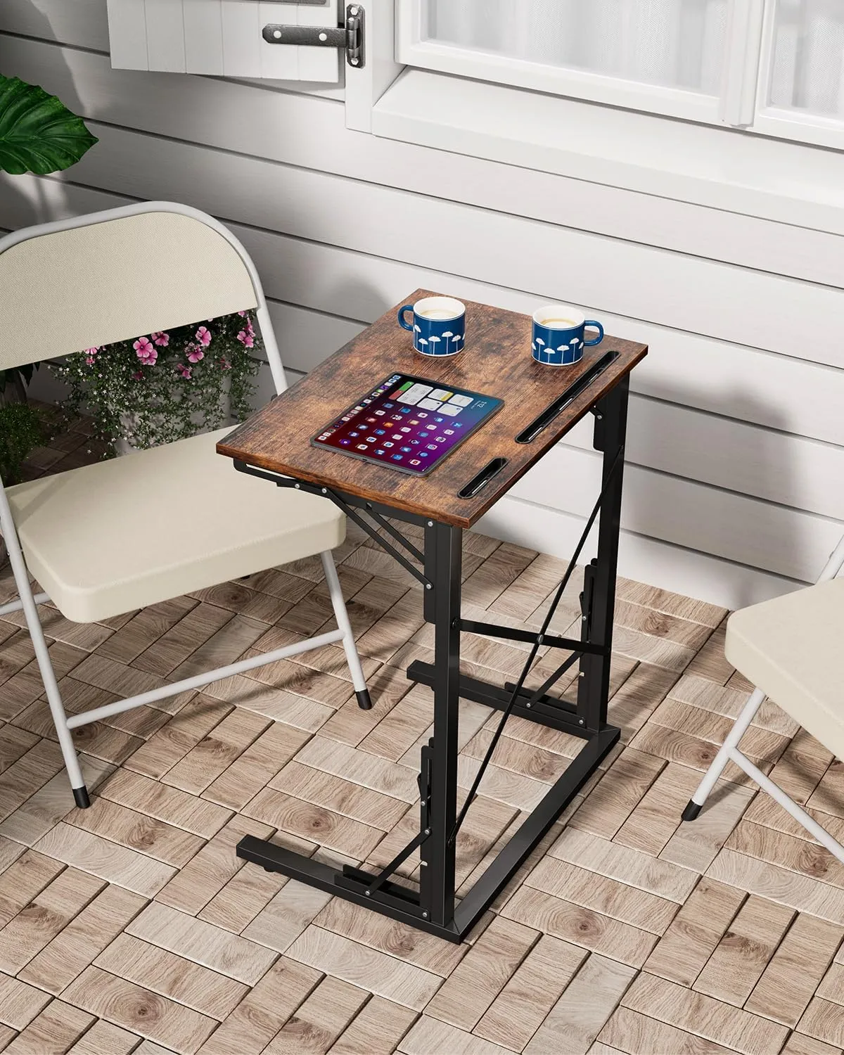 21''Wx28''H Folding TV Tray, Small Foldable C-Shaped End Table for Eating with Tablet and Phone Slots, Slide Under Couch Side Table for Recliner, Living Room, Bedroom, Rustic Brown