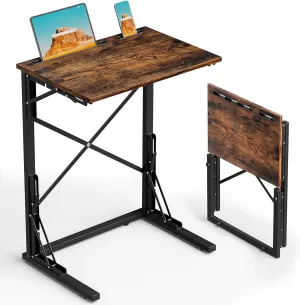 21''Wx28''H Folding TV Tray, Small Foldable C-Shaped End Table for Eating with Tablet and Phone Slots, Slide Under Couch Side Table for Recliner, Living Room, Bedroom, Rustic Brown