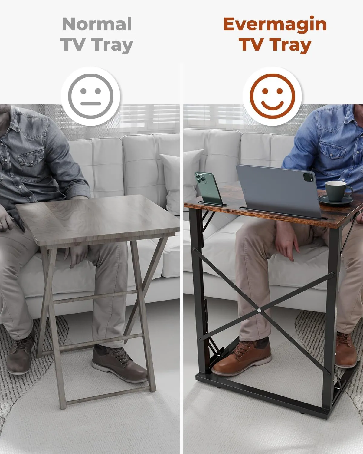 21''Wx28''H Folding TV Tray, Small Foldable C-Shaped End Table for Eating with Tablet and Phone Slots, Slide Under Couch Side Table for Recliner, Living Room, Bedroom, Rustic Brown
