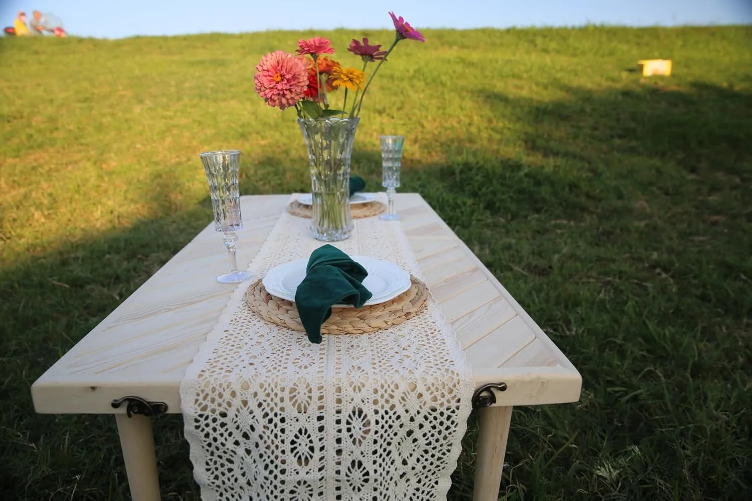 22x44 inch Portable Boho Wood Pincic Table,Low Tables for Sitting on Floor,Perfect for Two,for Outdoor, Beach, Picnic, BBQ and Party (1, Twill Tabletop)