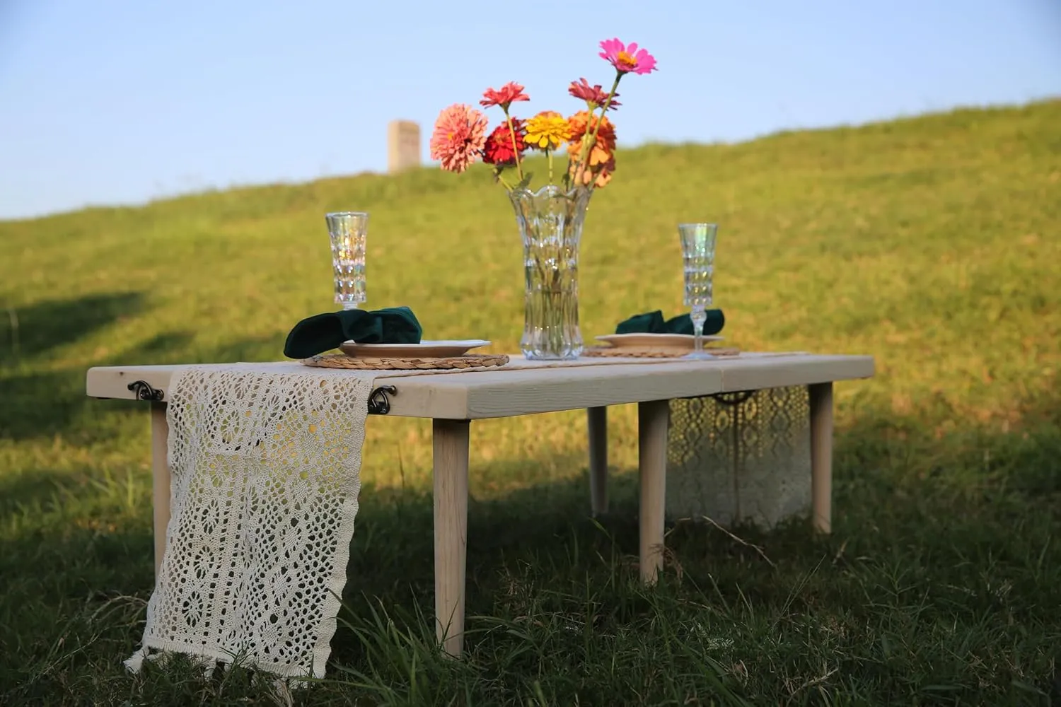 22x44 inch Portable Boho Wood Pincic Table,Low Tables for Sitting on Floor,Perfect for Two,for Outdoor, Beach, Picnic, BBQ and Party (1, Twill Tabletop)