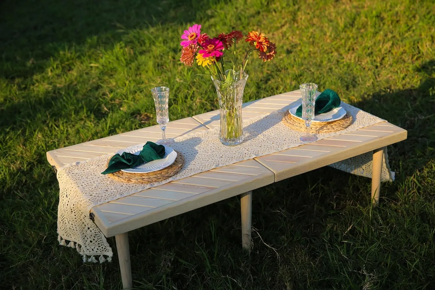 22x44 inch Portable Boho Wood Pincic Table,Low Tables for Sitting on Floor,Perfect for Two,for Outdoor, Beach, Picnic, BBQ and Party (1, Twill Tabletop)