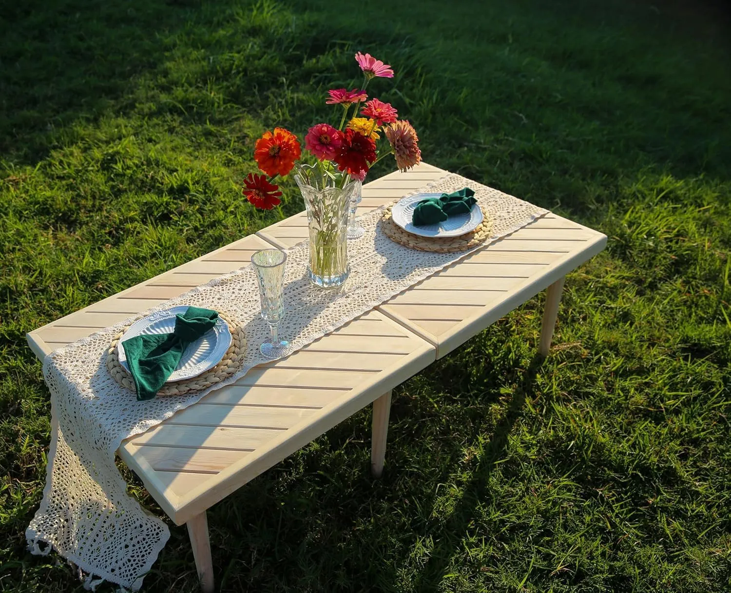 22x44 inch Portable Boho Wood Pincic Table,Low Tables for Sitting on Floor,Perfect for Two,for Outdoor, Beach, Picnic, BBQ and Party (1, Twill Tabletop)