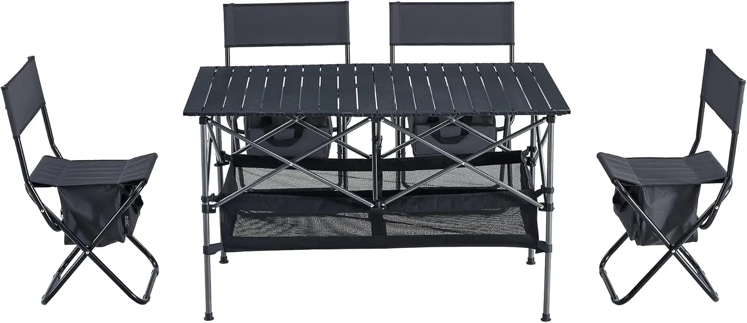 280lb Heavy Duty Folding Table and Chairs Set with Aluminum Roll-Up Table & Oxford Fabric, 3-Piece Outdoor Dining Set for Camping/BBQ/Patio - Compact, Waterproof & Quick Assembly (5PCS-Gray,46.46L)