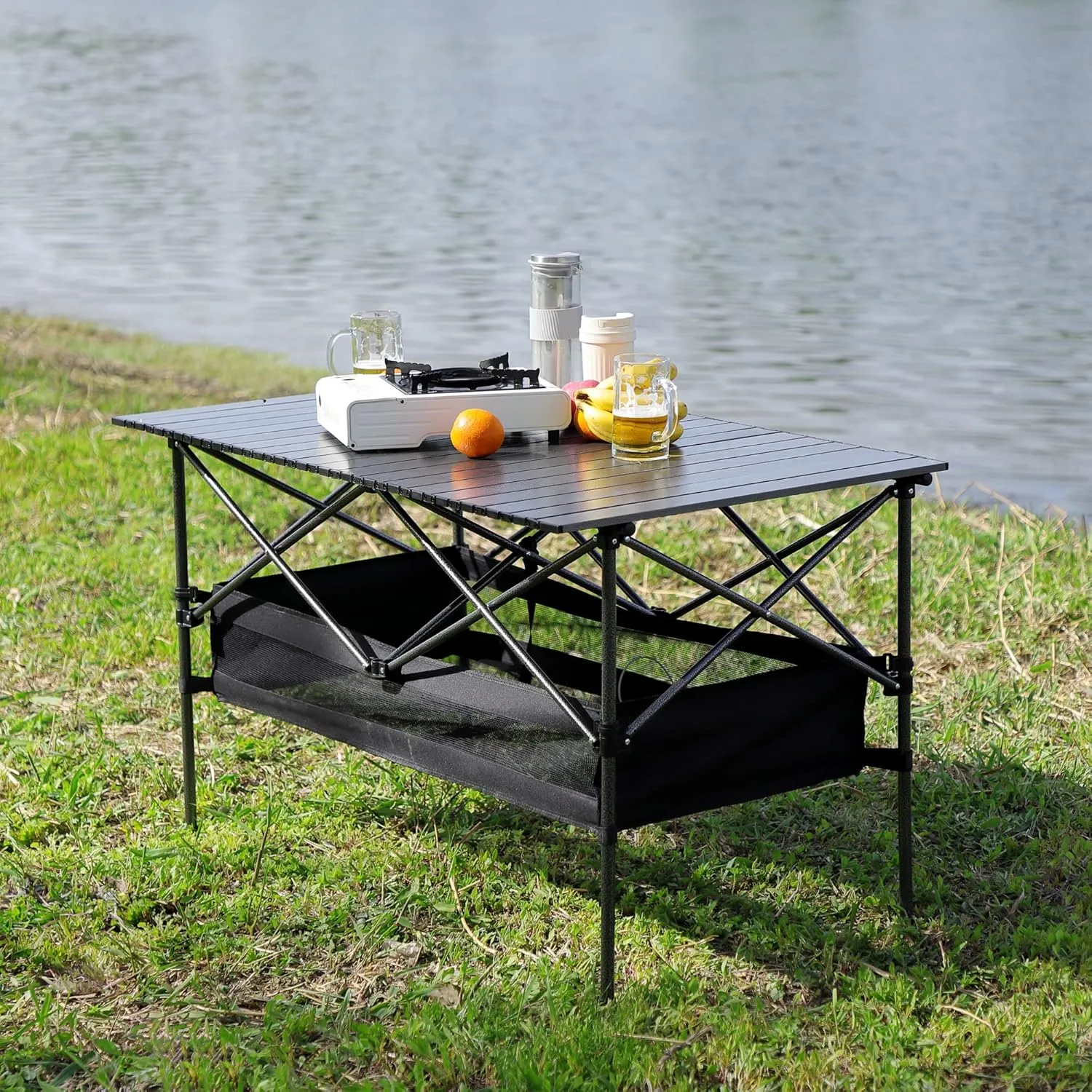 280lb Heavy Duty Folding Table and Chairs Set with Aluminum Roll-Up Table & Oxford Fabric, 3-Piece Outdoor Dining Set for Camping/BBQ/Patio - Compact, Waterproof & Quick Assembly (5PCS-Gray,46.46L)