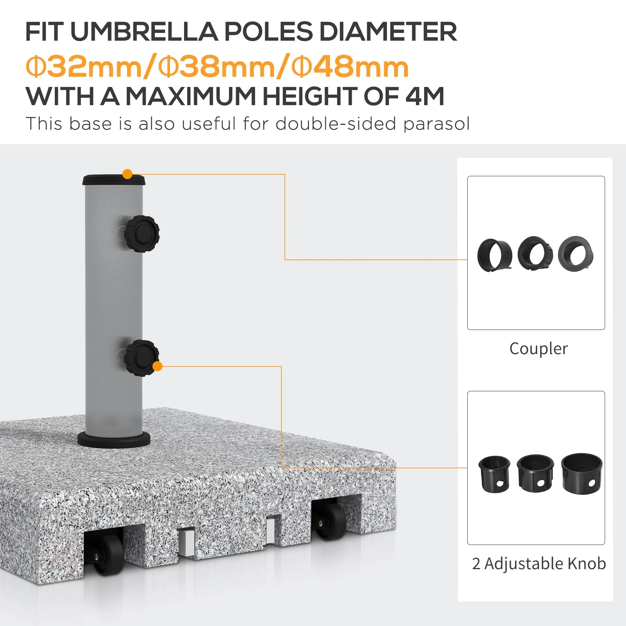 28kg Granite Parasol Base, Heavy Duty Square Umbrella Stand with Wheels and Retractable Handle, Parasol holder for 32mm, 38mm, 48mm Poles, Grey