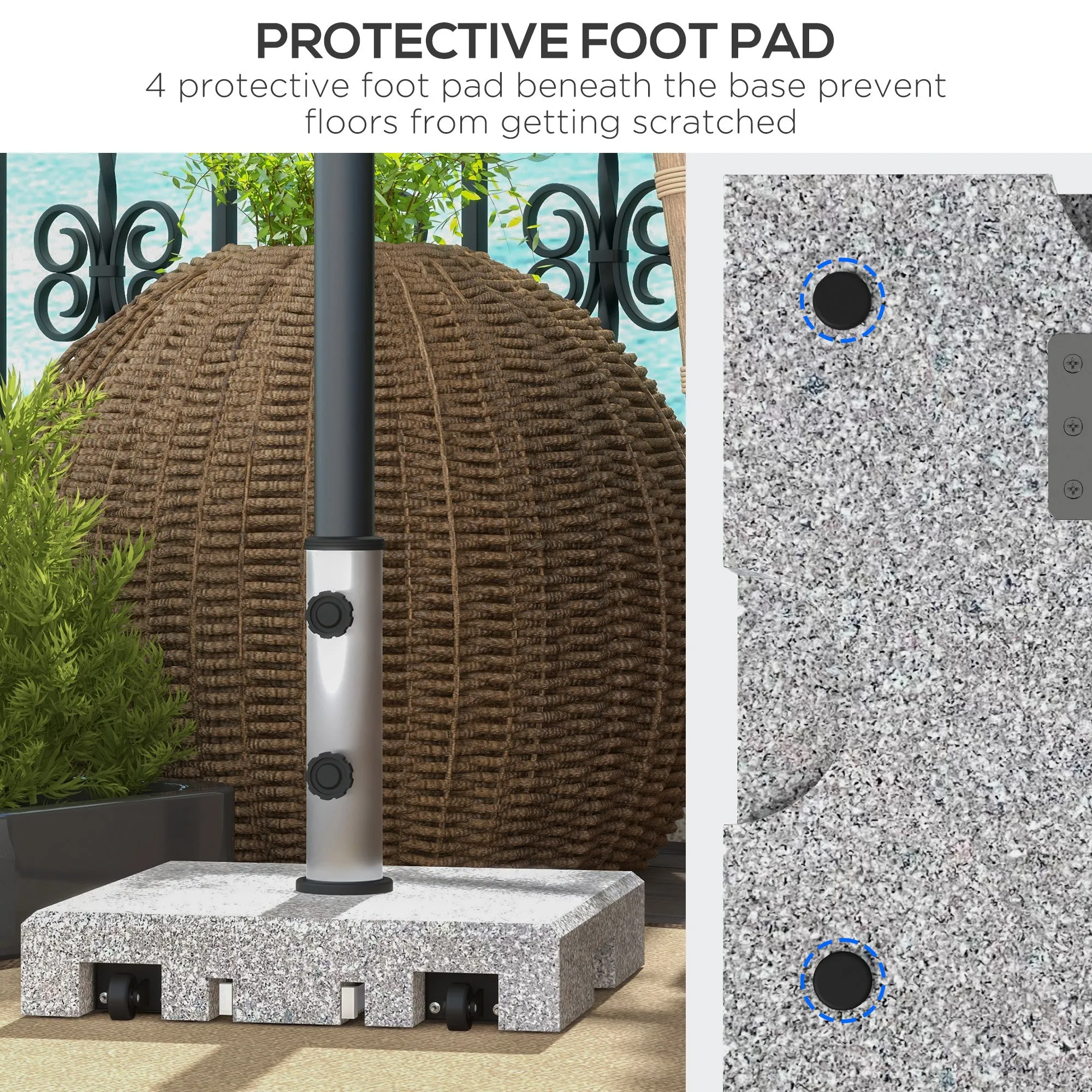 28kg Granite Parasol Base, Heavy Duty Square Umbrella Stand with Wheels and Retractable Handle, Parasol holder for 32mm, 38mm, 48mm Poles, Grey