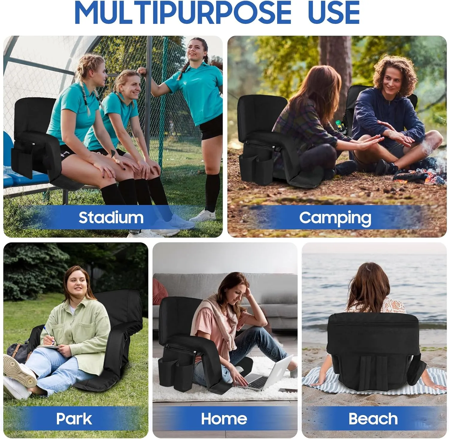 2Pack Extra Wide Stadium Seat for Bleachers,24in Folding Waterproof Bleacher Chairs with Back Support,Armrests,3 Pockets for Camping,Sport Events