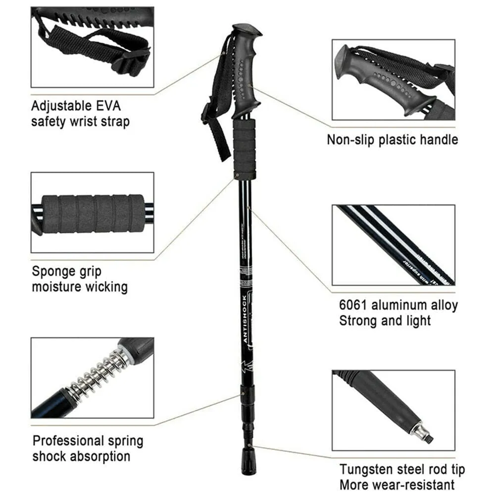 2x New Hiking Trekking Poles Walking Stick Adjustable Camping Black Lightweight