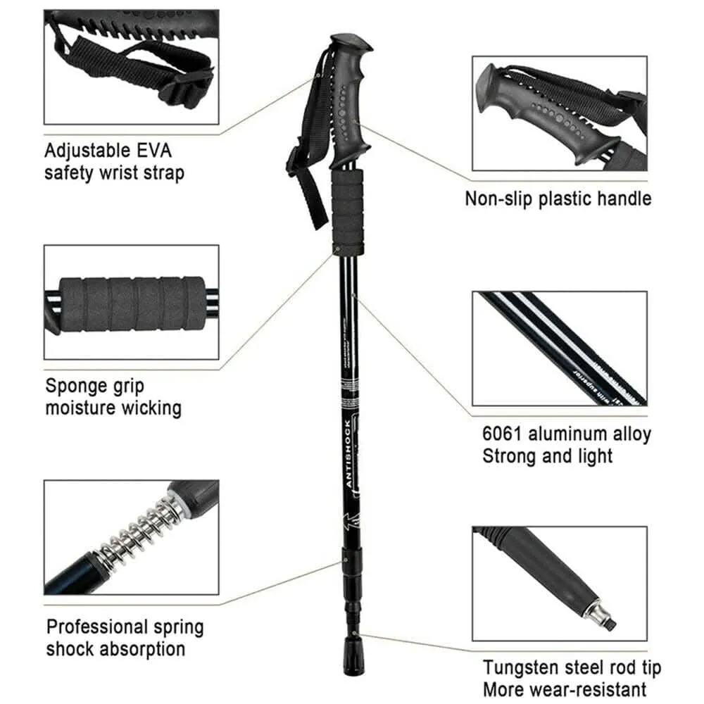 2x New Hiking Trekking Poles Walking Stick Adjustable Camping Black Lightweight