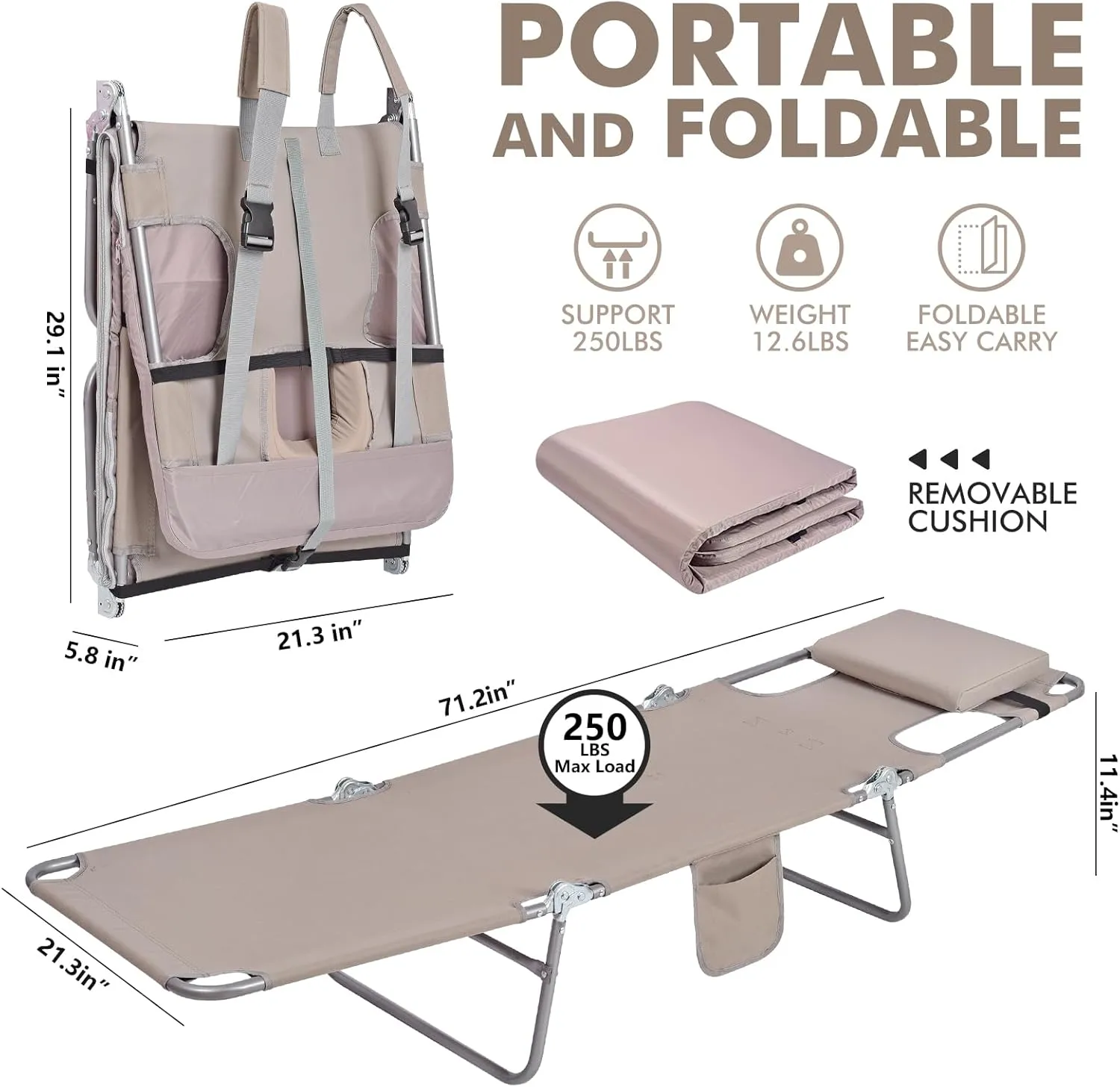 3 in 1 Women Comfort Backpack Tanning Beach Chair with Face Hole & Cushion | Portable Folding Lounge Sun Chair for Adults Outside Reading Sunbathing Poolside Camping | Reclining 6 Position | Beige