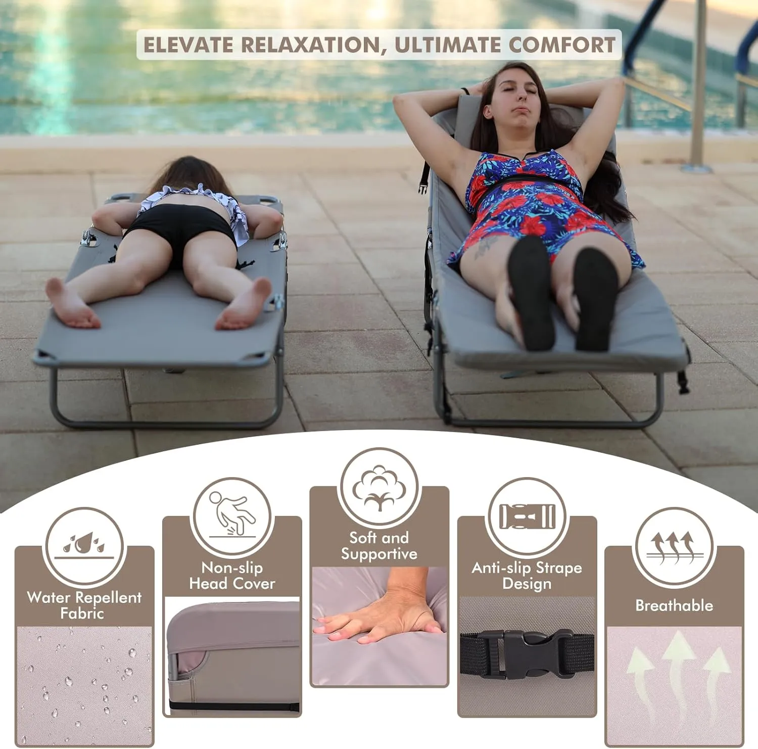 3 in 1 Women Comfort Backpack Tanning Beach Chair with Face Hole & Cushion | Portable Folding Lounge Sun Chair for Adults Outside Reading Sunbathing Poolside Camping | Reclining 6 Position | Beige