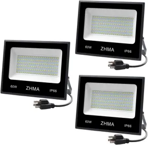 3 Pack 60W Led Flood Light, Outdoor Spotlight, Super Bright Work Light with Plug, IP66 Waterproof (White Light), 5400lm, 6500K, Garage, Backyard, Security Lights Outdoor