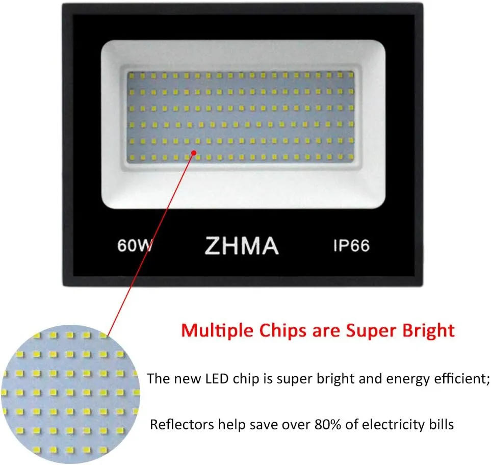 3 Pack 60W Led Flood Light, Outdoor Spotlight, Super Bright Work Light with Plug, IP66 Waterproof (White Light), 5400lm, 6500K, Garage, Backyard, Security Lights Outdoor
