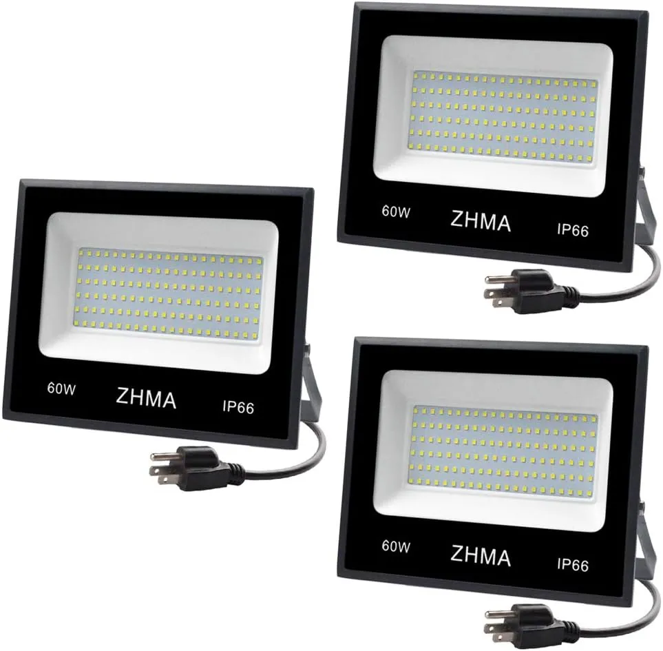 3 Pack 60W Led Flood Light, Outdoor Spotlight, Super Bright Work Light with Plug, IP66 Waterproof (White Light), 5400lm, 6500K, Garage, Backyard, Security Lights Outdoor