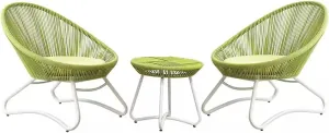 3 Piece Green Rattan Chairs with Beige Cushions and Coffee Table, Outdoor Patio Conversation Sofa Set for Deck Yard Porch