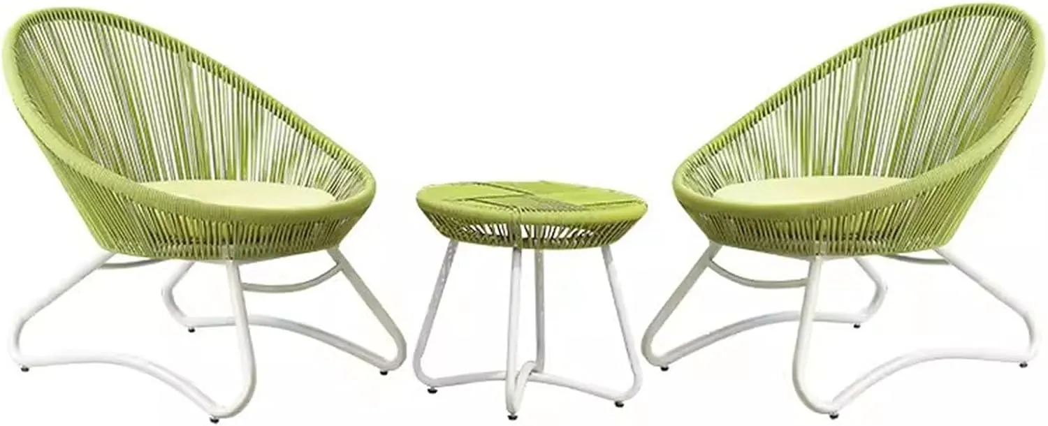 3 Piece Green Rattan Chairs with Beige Cushions and Coffee Table, Outdoor Patio Conversation Sofa Set for Deck Yard Porch