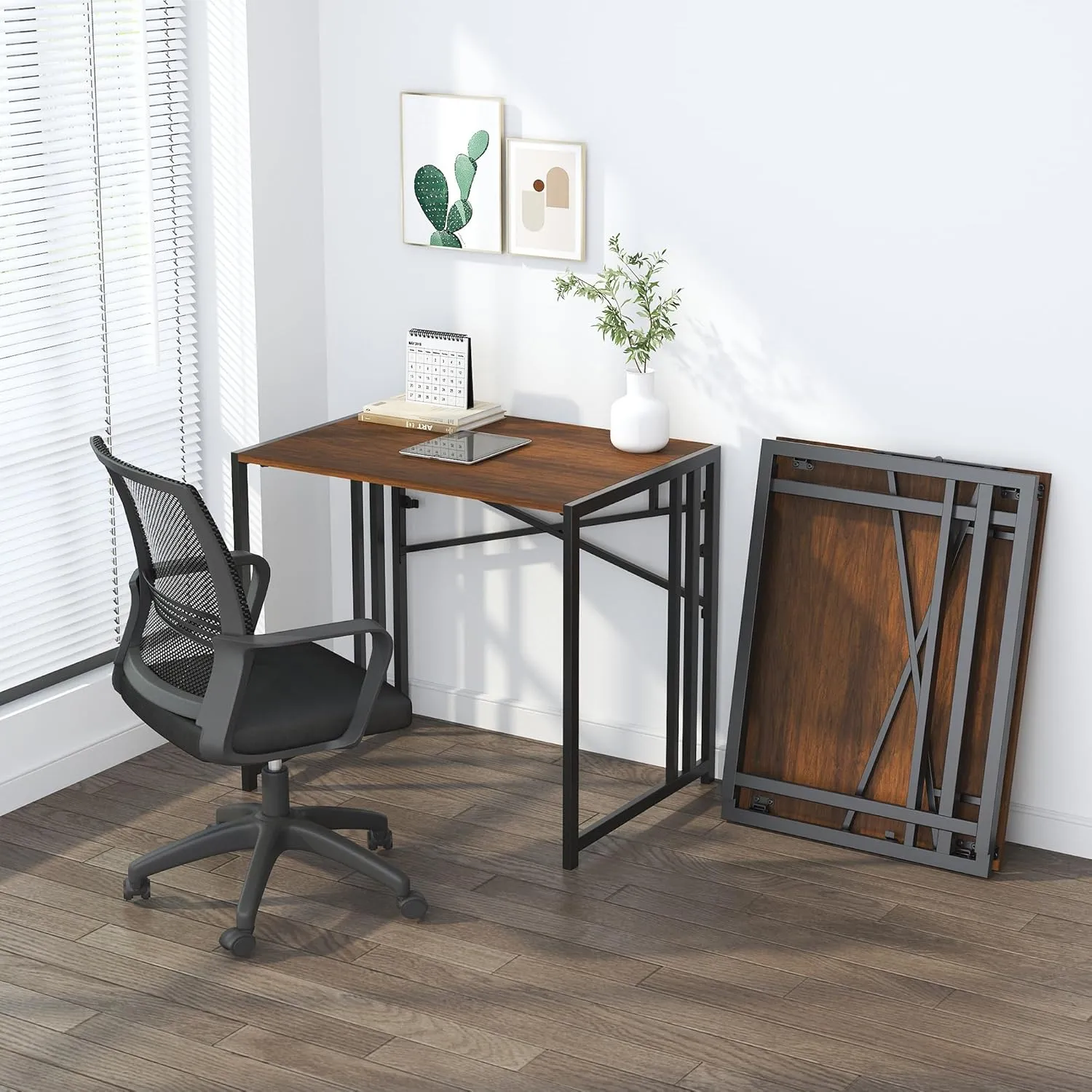32 inch Folding Small Desk, Writing Gaming Computer Camping Desk for Small Spaces, No Assembly Required Home Office Desk, Mahogany