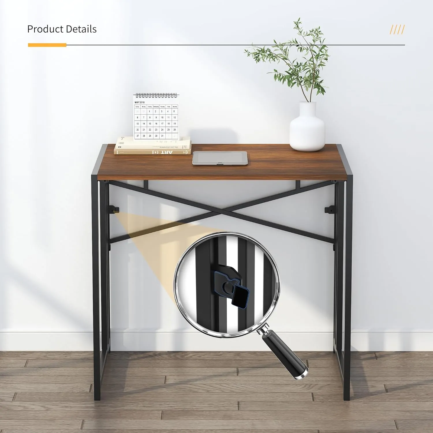 32 inch Folding Small Desk, Writing Gaming Computer Camping Desk for Small Spaces, No Assembly Required Home Office Desk, Mahogany