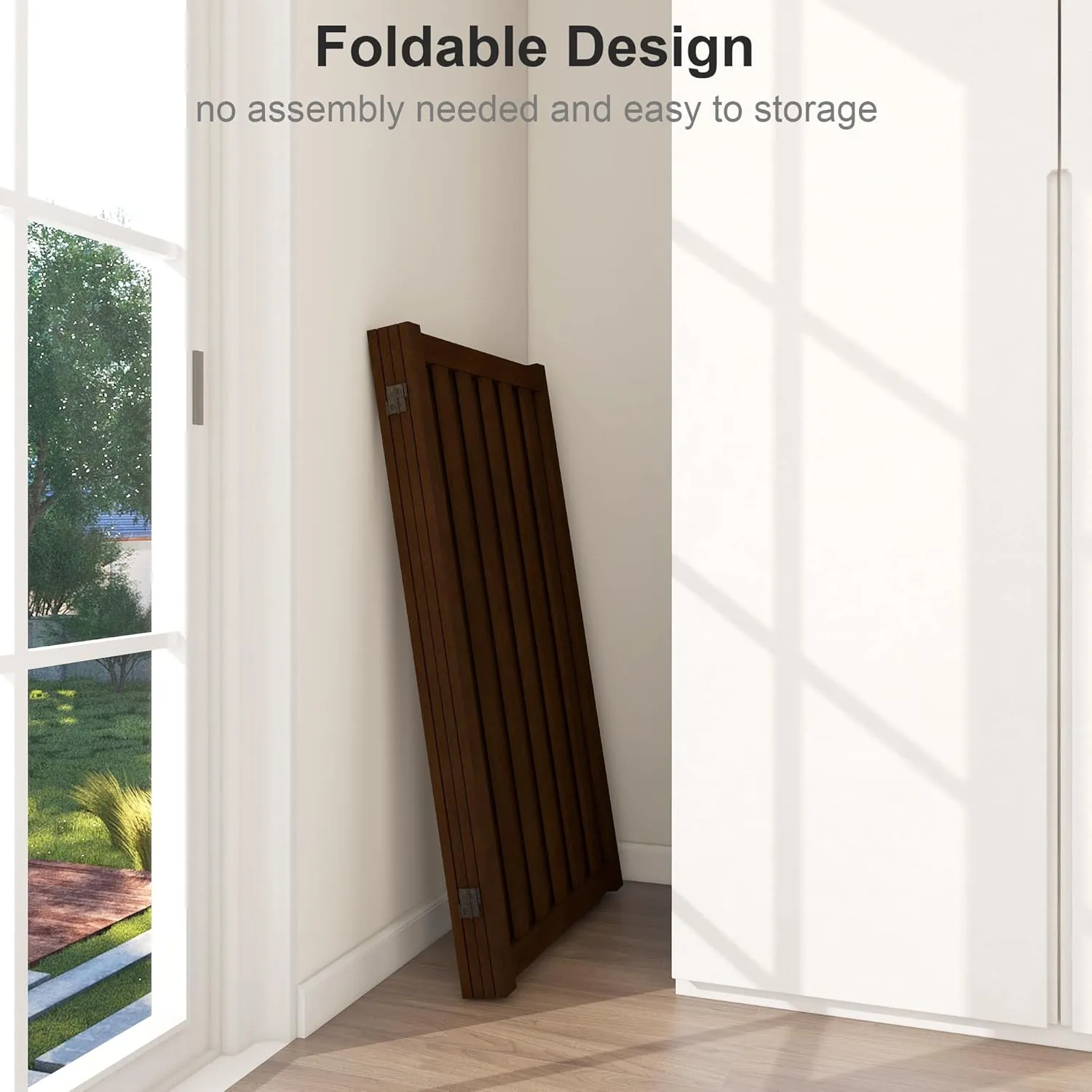 36" Height Extra Tall Freestanding Pet Gate, Solid Wood Folding Safety Fence Wooden Dog Gate with 2 PCs Support Feet Ideal for Stairs, Doorways, Halls, Kitchens, Heavy Duty Gates, 4 Panels, Walnut