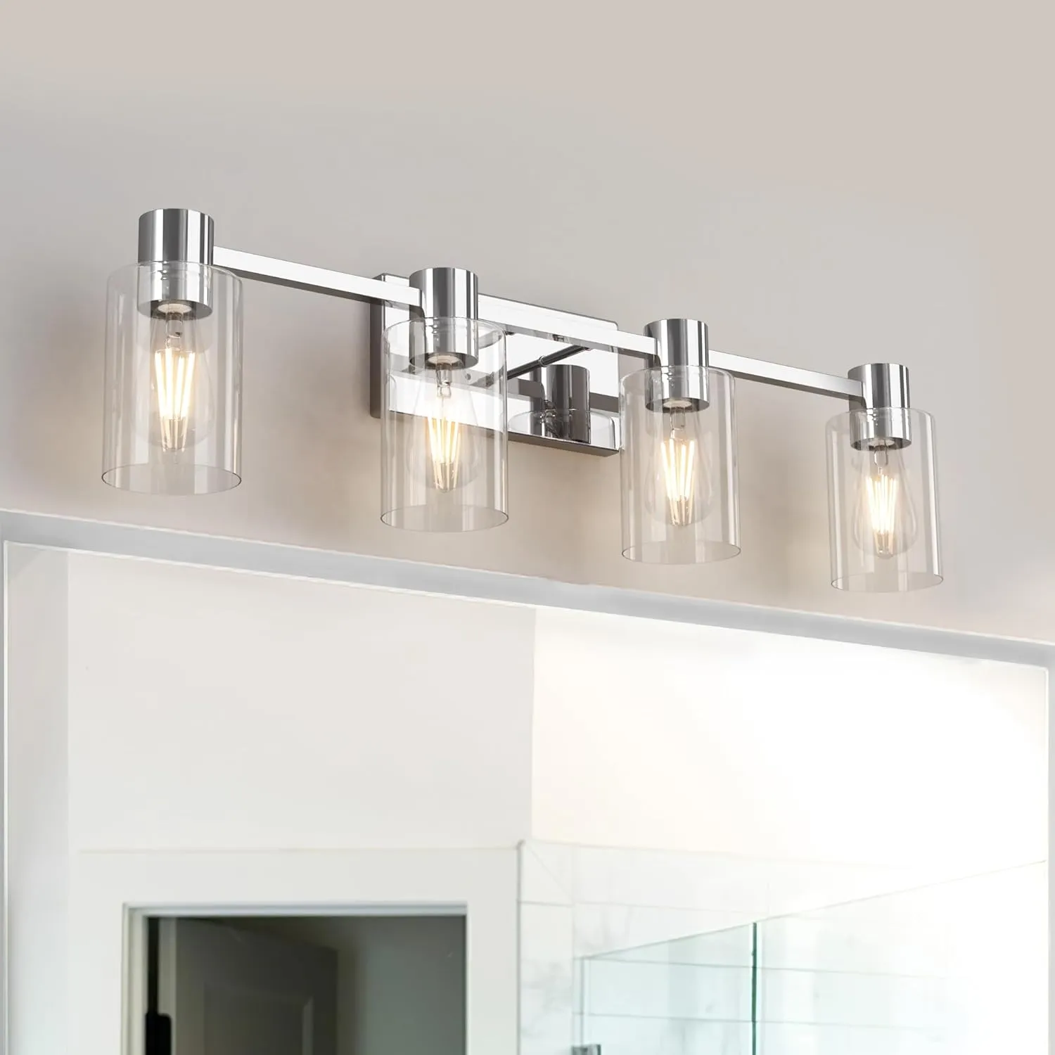 4-Light Modern Vanity Light Fixtures Over Mirror, Chrome Bathroom Light Fixtures, Vanity Lights, Wall Sconce with Clear Glass Shade for Bathroom, E26 Base