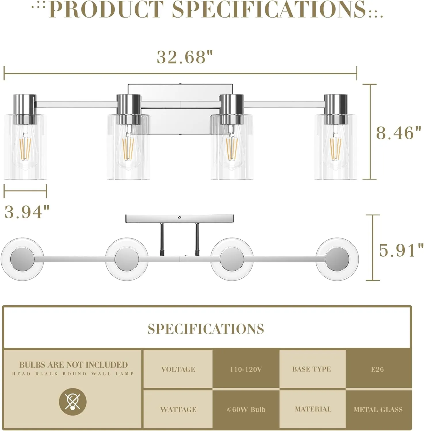 4-Light Modern Vanity Light Fixtures Over Mirror, Chrome Bathroom Light Fixtures, Vanity Lights, Wall Sconce with Clear Glass Shade for Bathroom, E26 Base