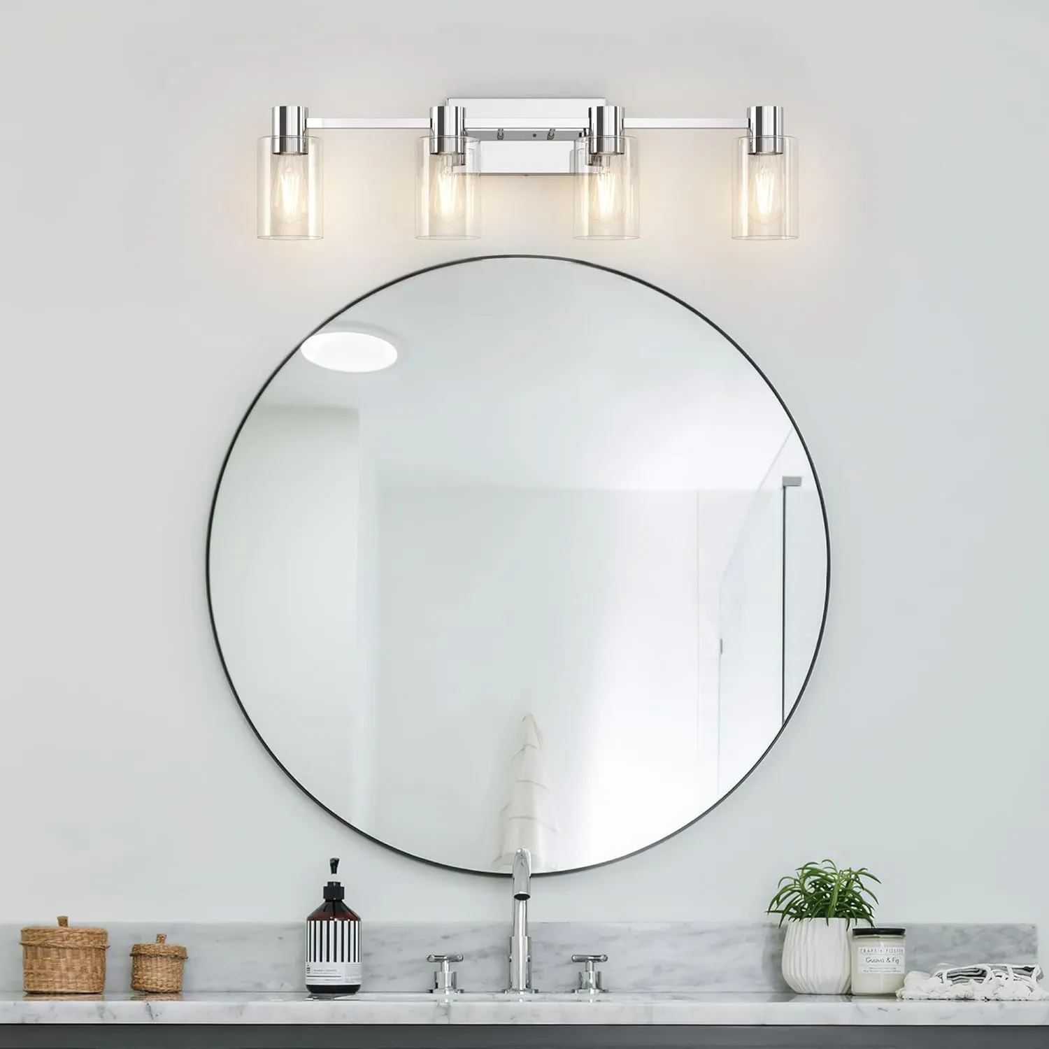 4-Light Modern Vanity Light Fixtures Over Mirror, Chrome Bathroom Light Fixtures, Vanity Lights, Wall Sconce with Clear Glass Shade for Bathroom, E26 Base