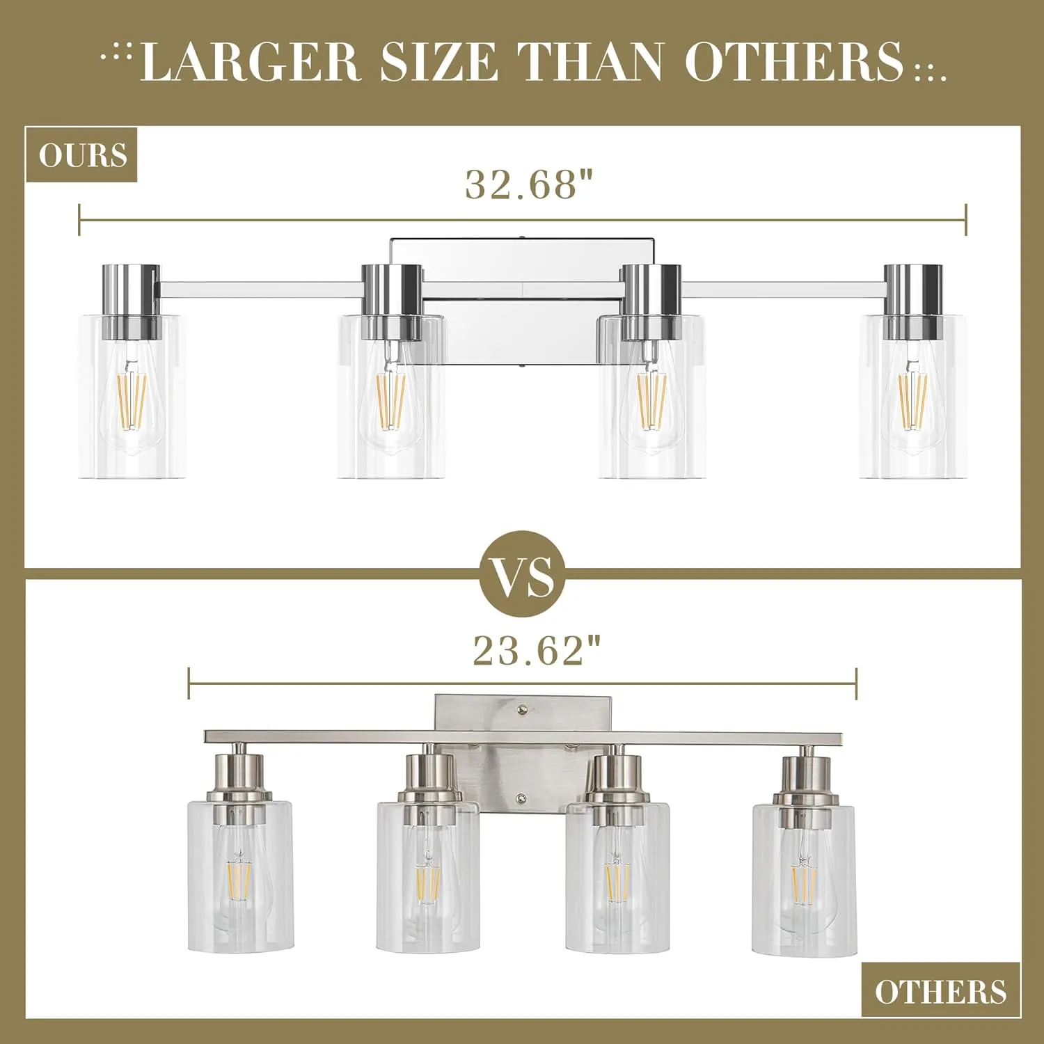 4-Light Modern Vanity Light Fixtures Over Mirror, Chrome Bathroom Light Fixtures, Vanity Lights, Wall Sconce with Clear Glass Shade for Bathroom, E26 Base