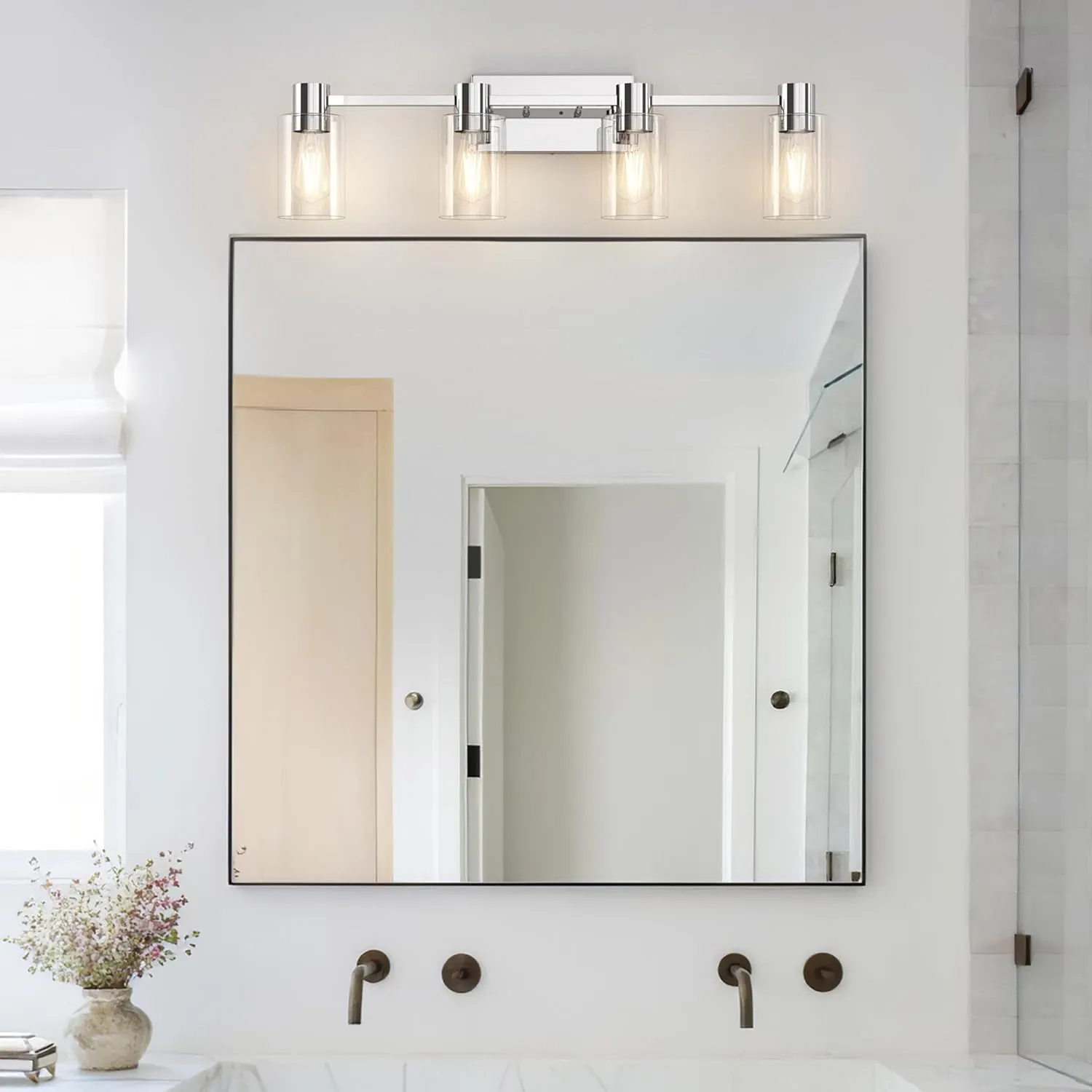 4-Light Modern Vanity Light Fixtures Over Mirror, Chrome Bathroom Light Fixtures, Vanity Lights, Wall Sconce with Clear Glass Shade for Bathroom, E26 Base