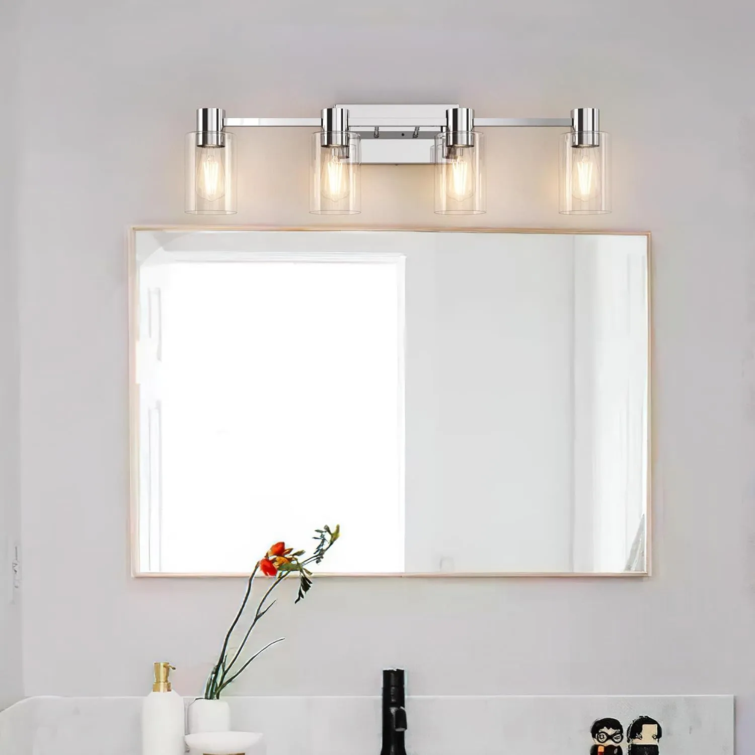 4-Light Modern Vanity Light Fixtures Over Mirror, Chrome Bathroom Light Fixtures, Vanity Lights, Wall Sconce with Clear Glass Shade for Bathroom, E26 Base