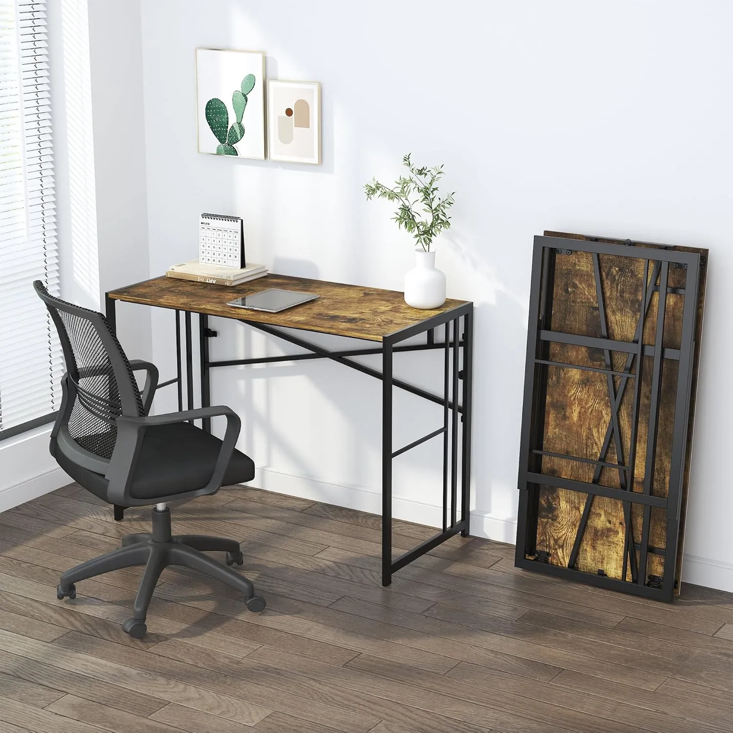 40 inch Folding Computer Desk, Writing Gaming Computer Camping Desk, No Assembly Required Home Office Table, Rustic Brown