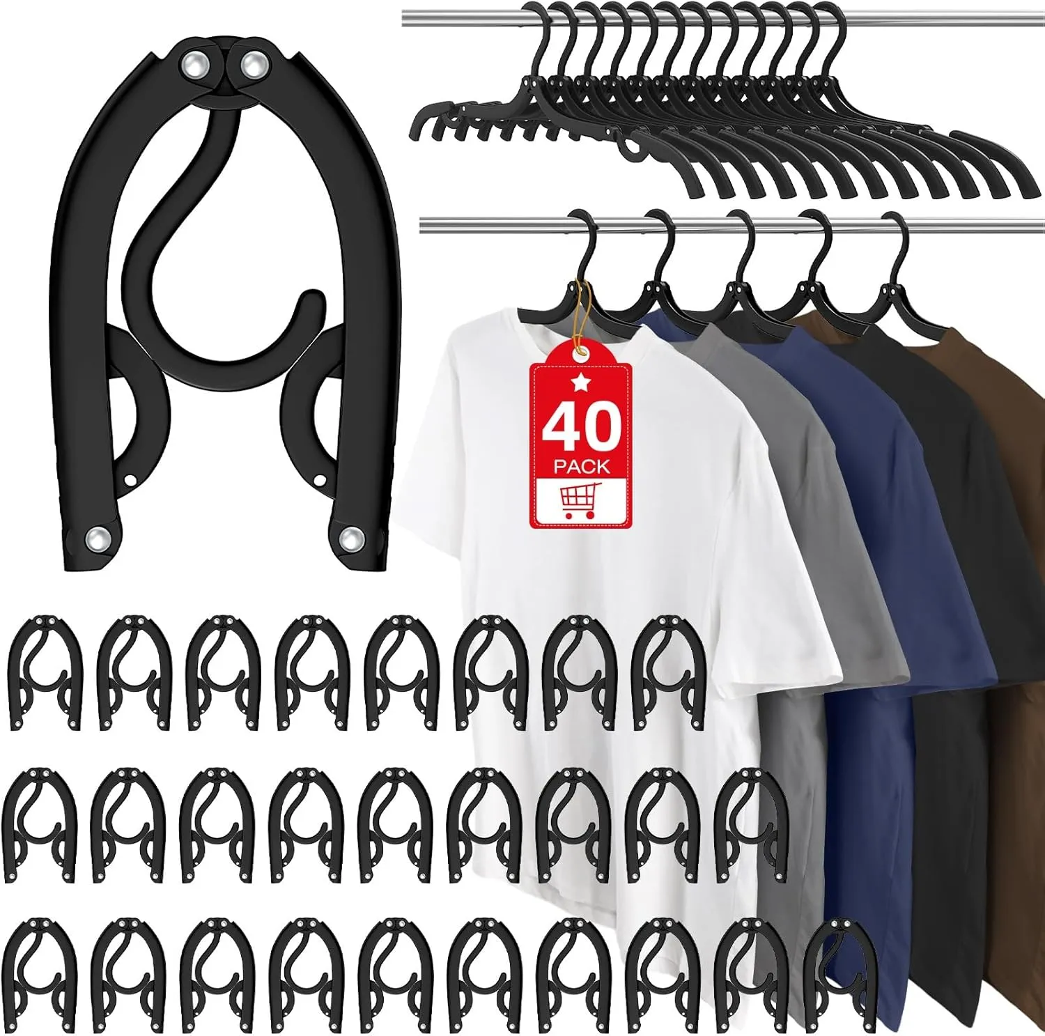40 Pcs Portable Foldable Travel Hanger Organizer, Plastic Travel Accessories Essentials Clothes Drying Rack Folding Hangers for Traveling Camping RV Cruises, Black