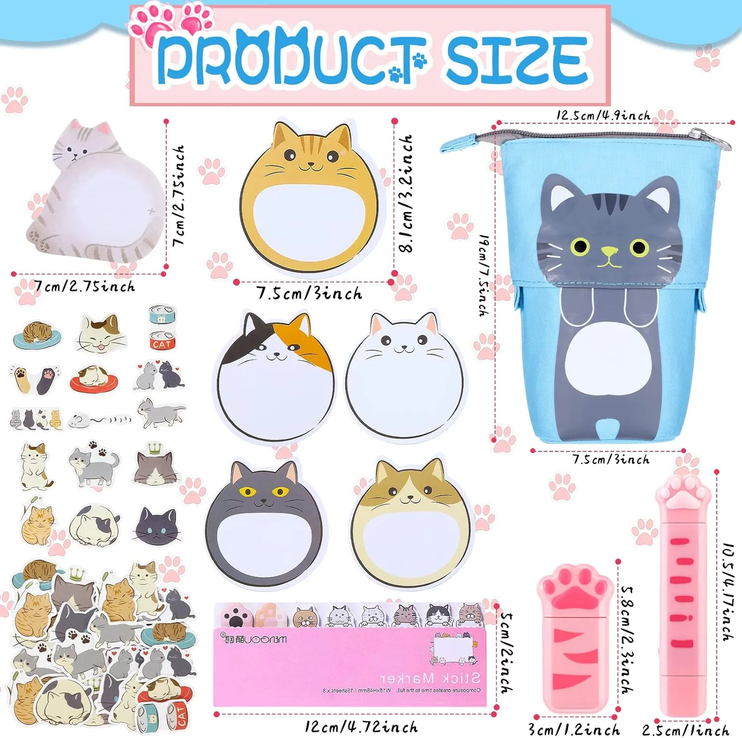 400 Pcs Cute Cat Stationery Set Cartoon Kawaii Stationary Office Supplies Including Gel Ink Pens Sticky Memos Notes Telescopic Pencil Pouch Bag Tapes Album Sticker (Blue)