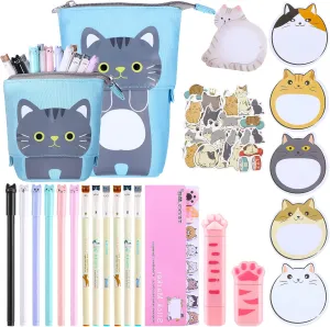 400 Pcs Cute Cat Stationery Set Cartoon Kawaii Stationary Office Supplies Including Gel Ink Pens Sticky Memos Notes Telescopic Pencil Pouch Bag Tapes Album Sticker (Blue)