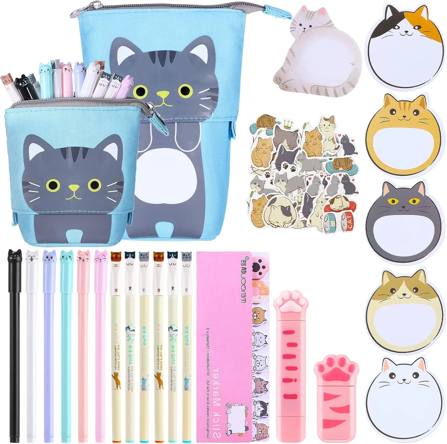 400 Pcs Cute Cat Stationery Set Cartoon Kawaii Stationary Office Supplies Including Gel Ink Pens Sticky Memos Notes Telescopic Pencil Pouch Bag Tapes Album Sticker (Blue)