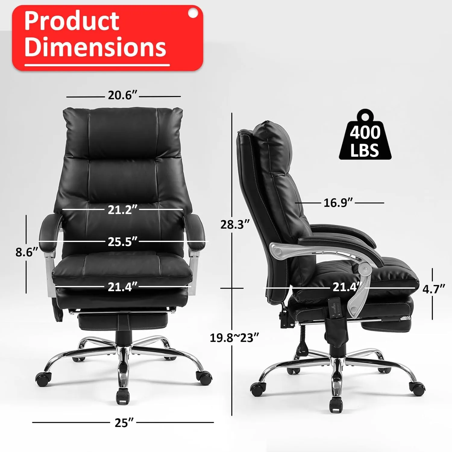 400lbs Executive Leather Office Chair with Ergonomic Design and Reclining Function - Comfortable Computer Desk Chair with Integrated Foot Rest-Black & Comfort