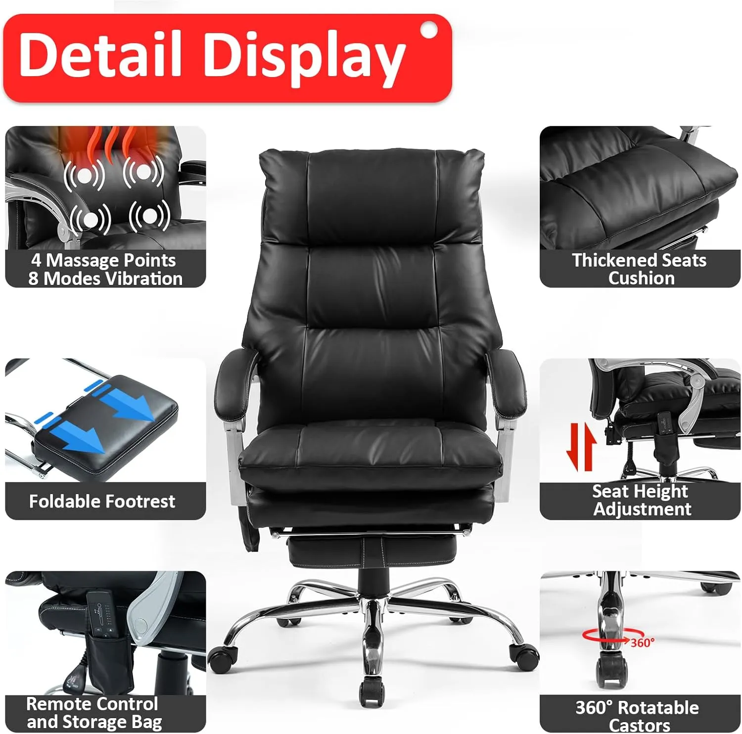 400lbs Executive Leather Office Chair with Ergonomic Design and Reclining Function - Comfortable Computer Desk Chair with Integrated Foot Rest-Black & Comfort