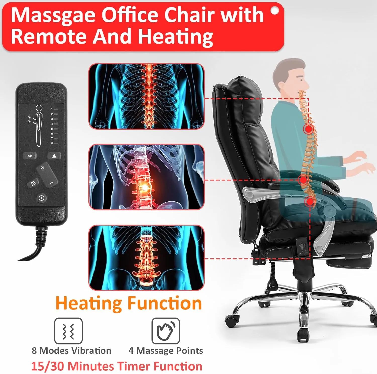 400lbs Executive Leather Office Chair with Ergonomic Design and Reclining Function - Comfortable Computer Desk Chair with Integrated Foot Rest-Black & Comfort