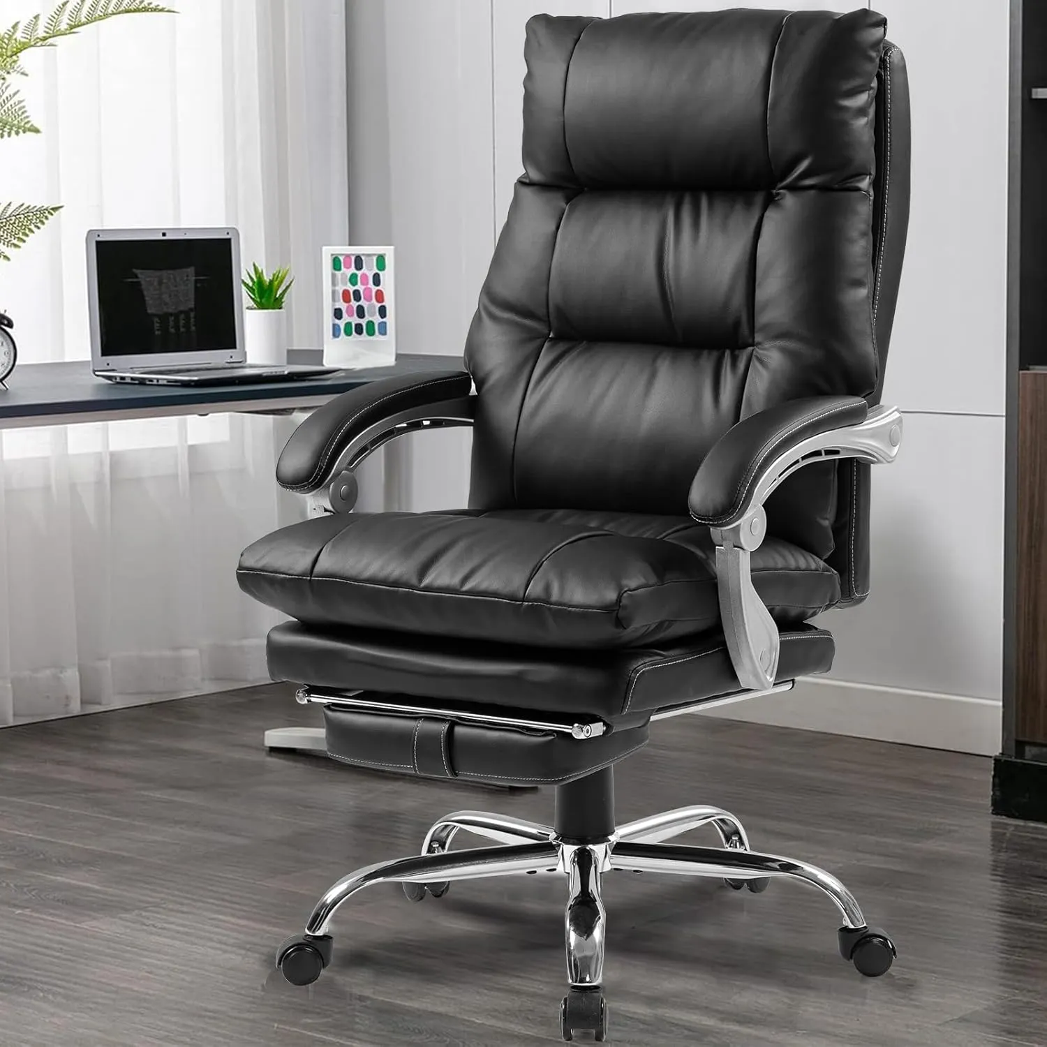 400lbs Executive Leather Office Chair with Ergonomic Design and Reclining Function - Comfortable Computer Desk Chair with Integrated Foot Rest-Black & Comfort