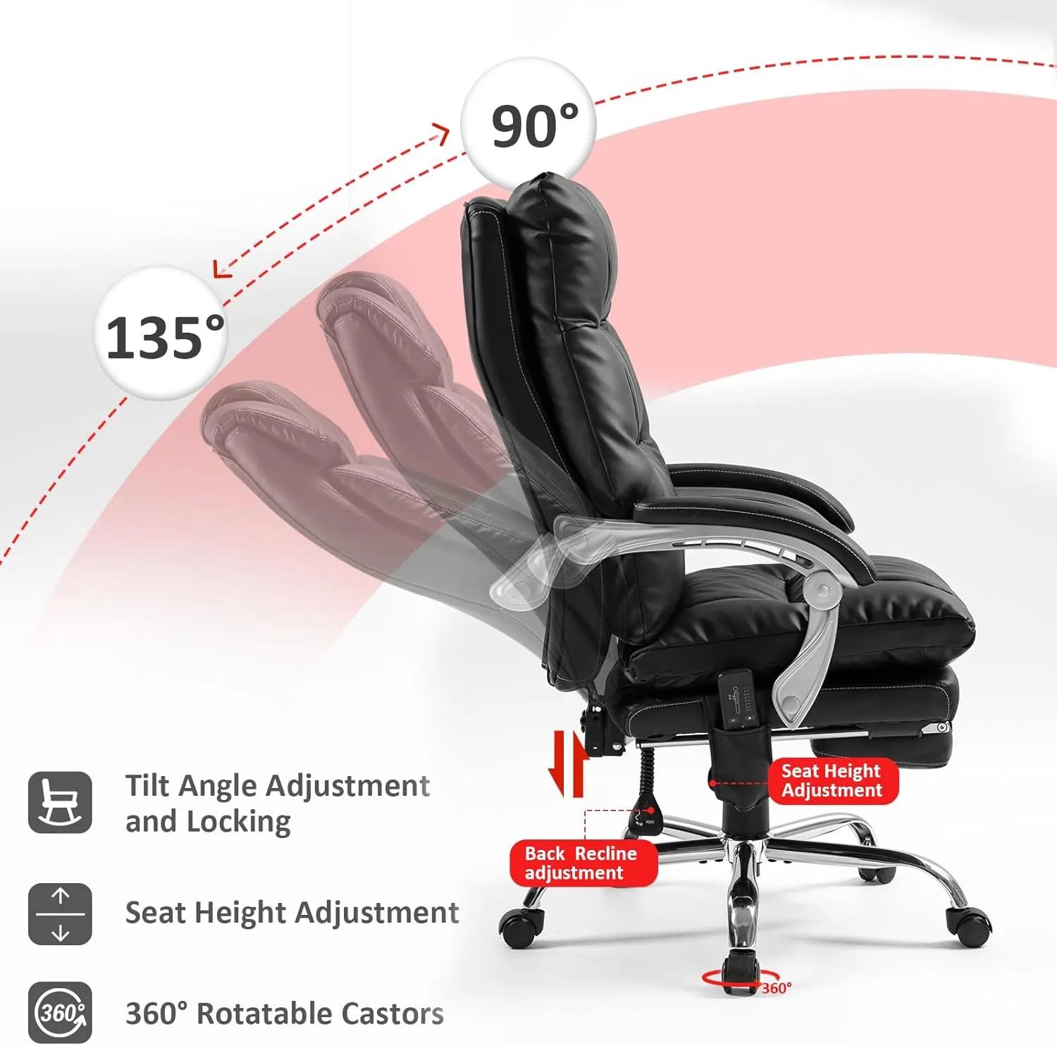400lbs Executive Leather Office Chair with Ergonomic Design and Reclining Function - Comfortable Computer Desk Chair with Integrated Foot Rest-Black & Comfort