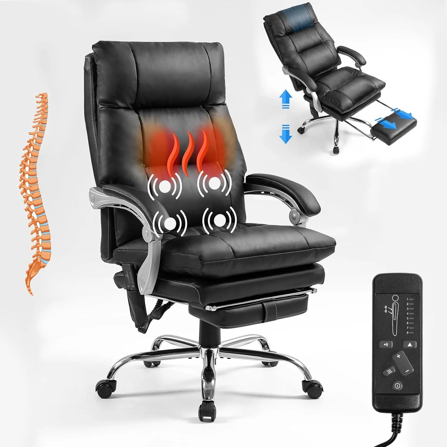 400lbs Executive Leather Office Chair with Ergonomic Design and Reclining Function - Comfortable Computer Desk Chair with Integrated Foot Rest-Black & Comfort