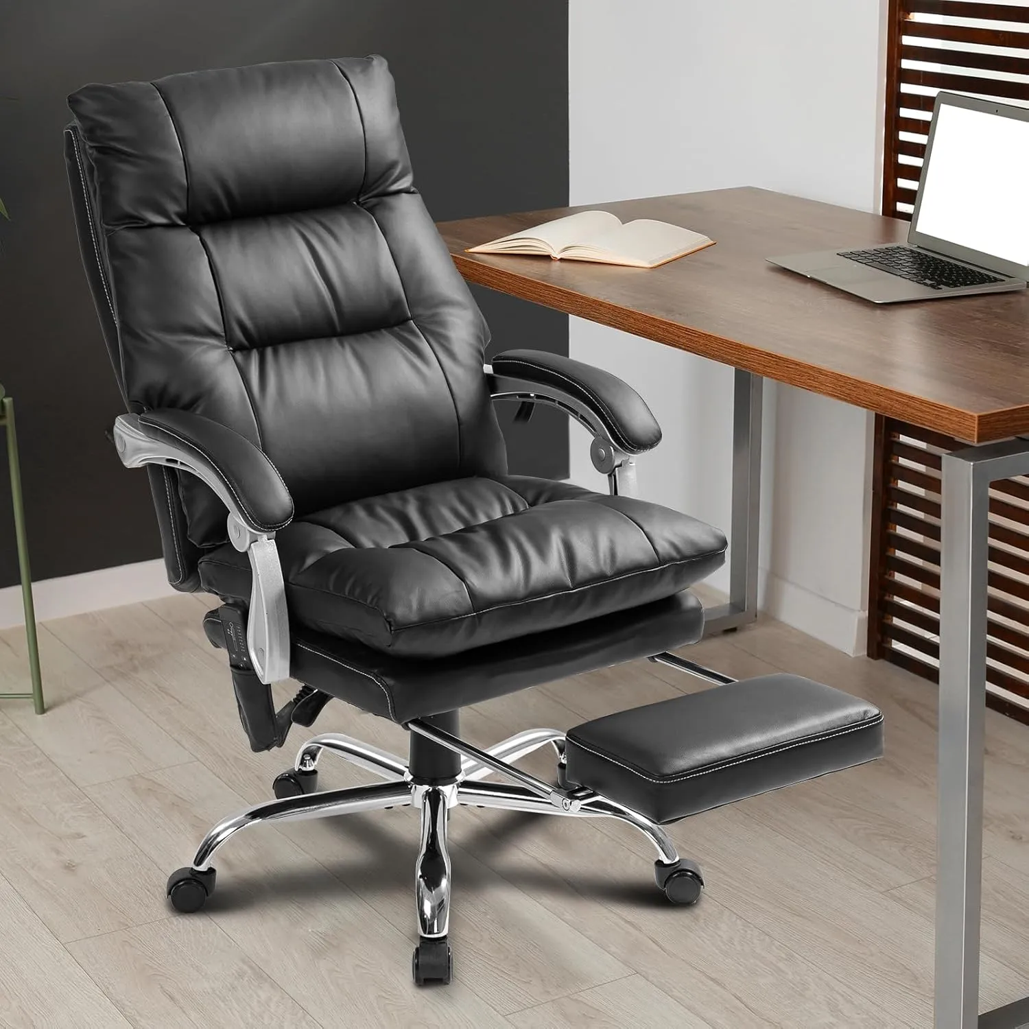 400lbs Executive Leather Office Chair with Ergonomic Design and Reclining Function - Comfortable Computer Desk Chair with Integrated Foot Rest-Black & Comfort