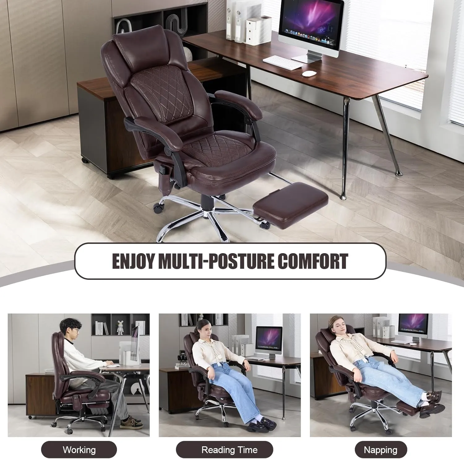 400lbs Executive Leather Office Chair with Ergonomic Design and Reclining Function - Comfortable Computer Desk Chair with Integrated Foot Rest-Breathable & Brown