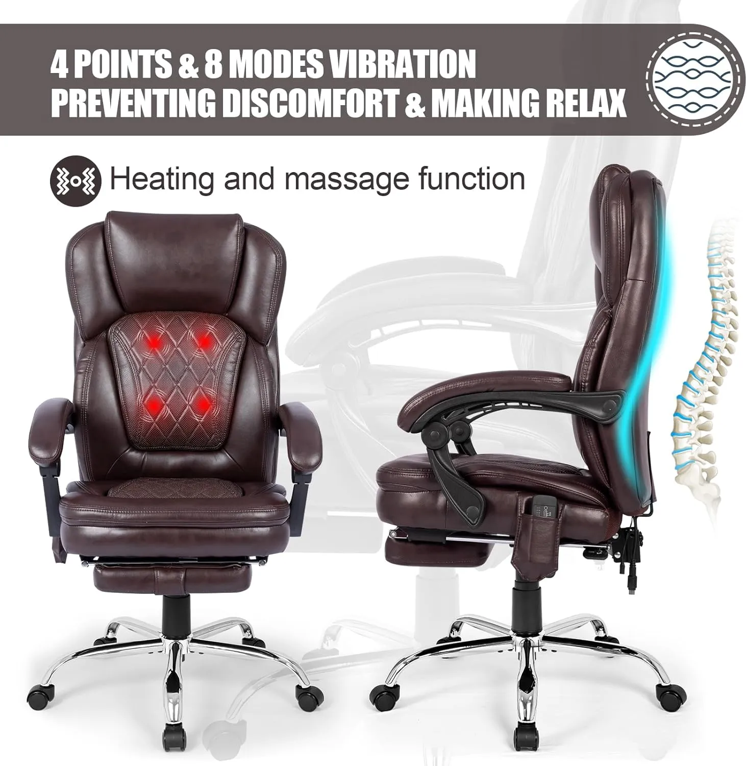 400lbs Executive Leather Office Chair with Ergonomic Design and Reclining Function - Comfortable Computer Desk Chair with Integrated Foot Rest-Breathable & Brown