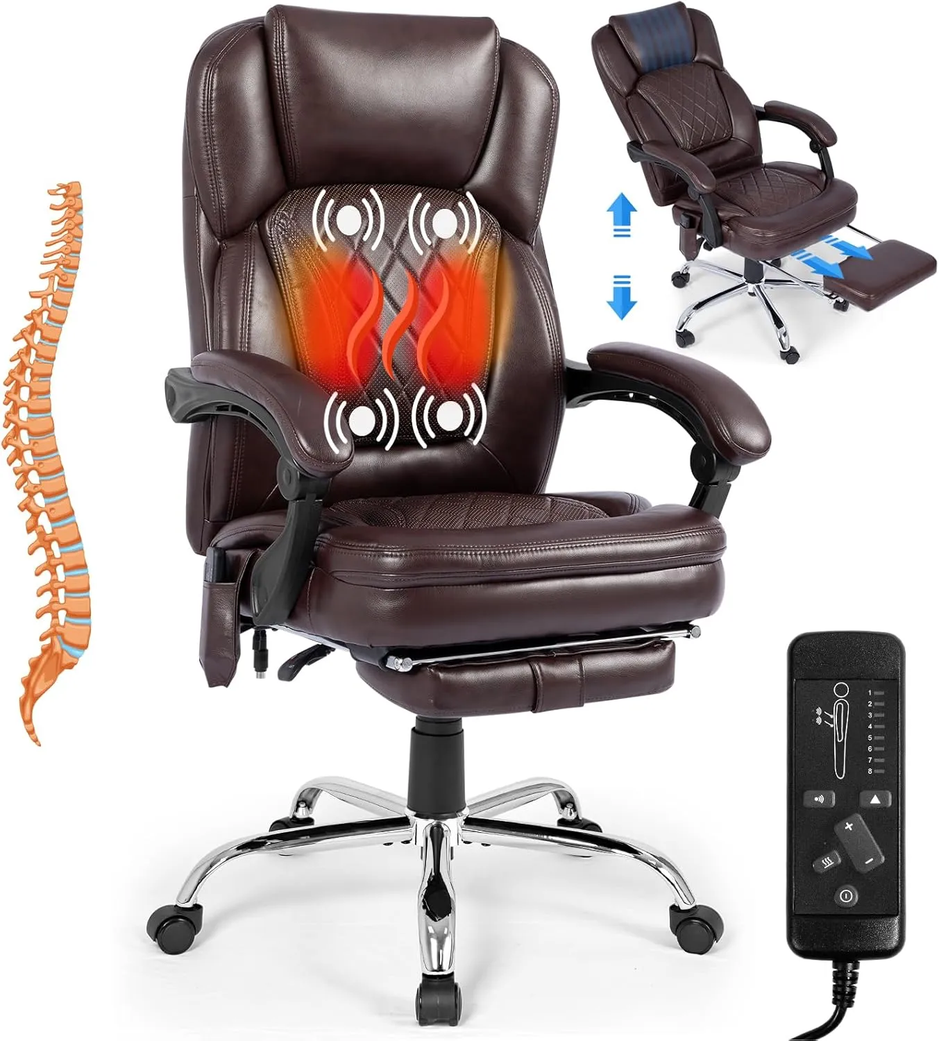 400lbs Executive Leather Office Chair with Ergonomic Design and Reclining Function - Comfortable Computer Desk Chair with Integrated Foot Rest-Breathable & Brown