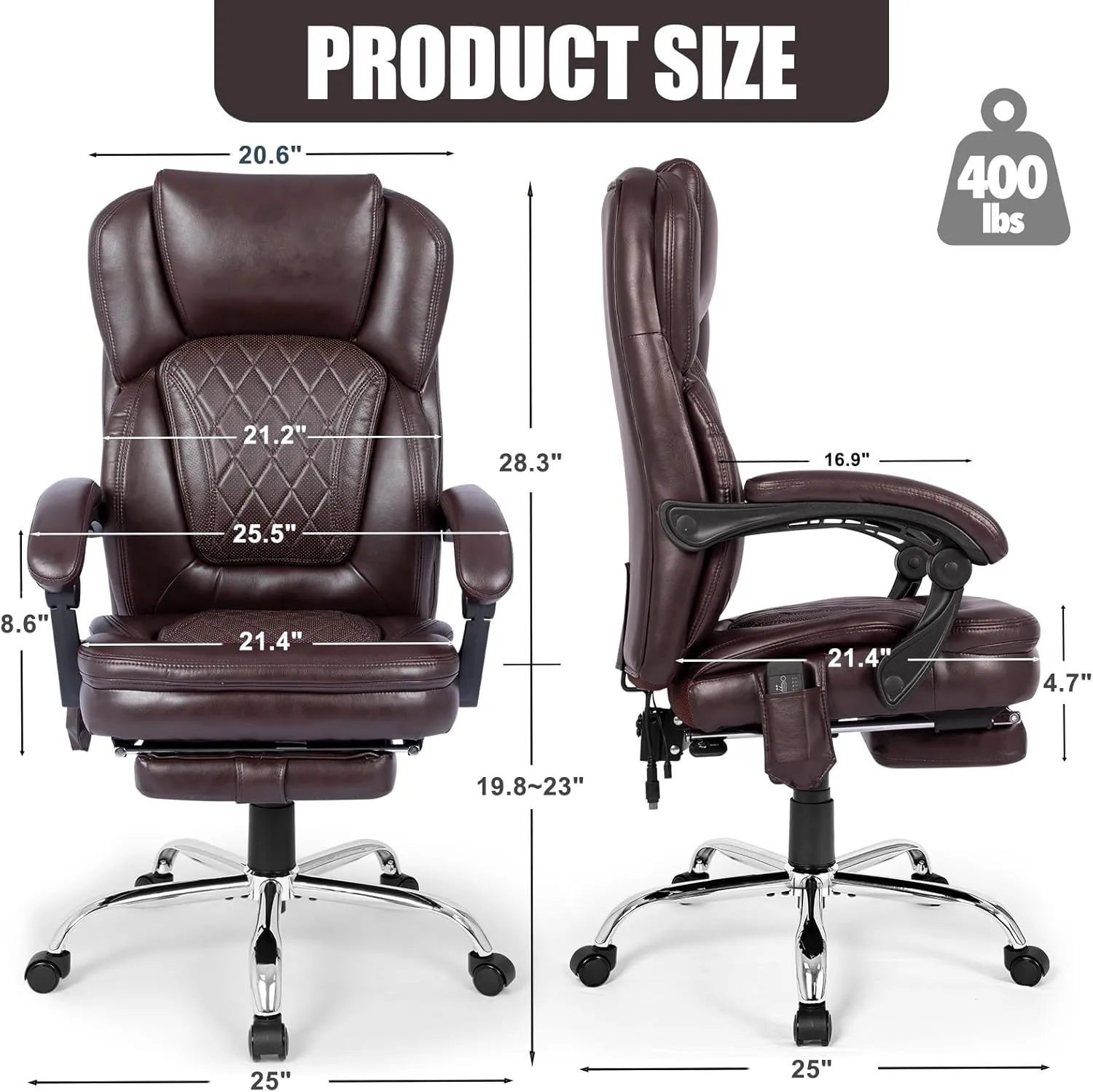 400lbs Executive Leather Office Chair with Ergonomic Design and Reclining Function - Comfortable Computer Desk Chair with Integrated Foot Rest-Breathable & Brown