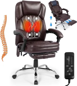400lbs Executive Leather Office Chair with Ergonomic Design and Reclining Function - Comfortable Computer Desk Chair with Integrated Foot Rest-Breathable & Brown
