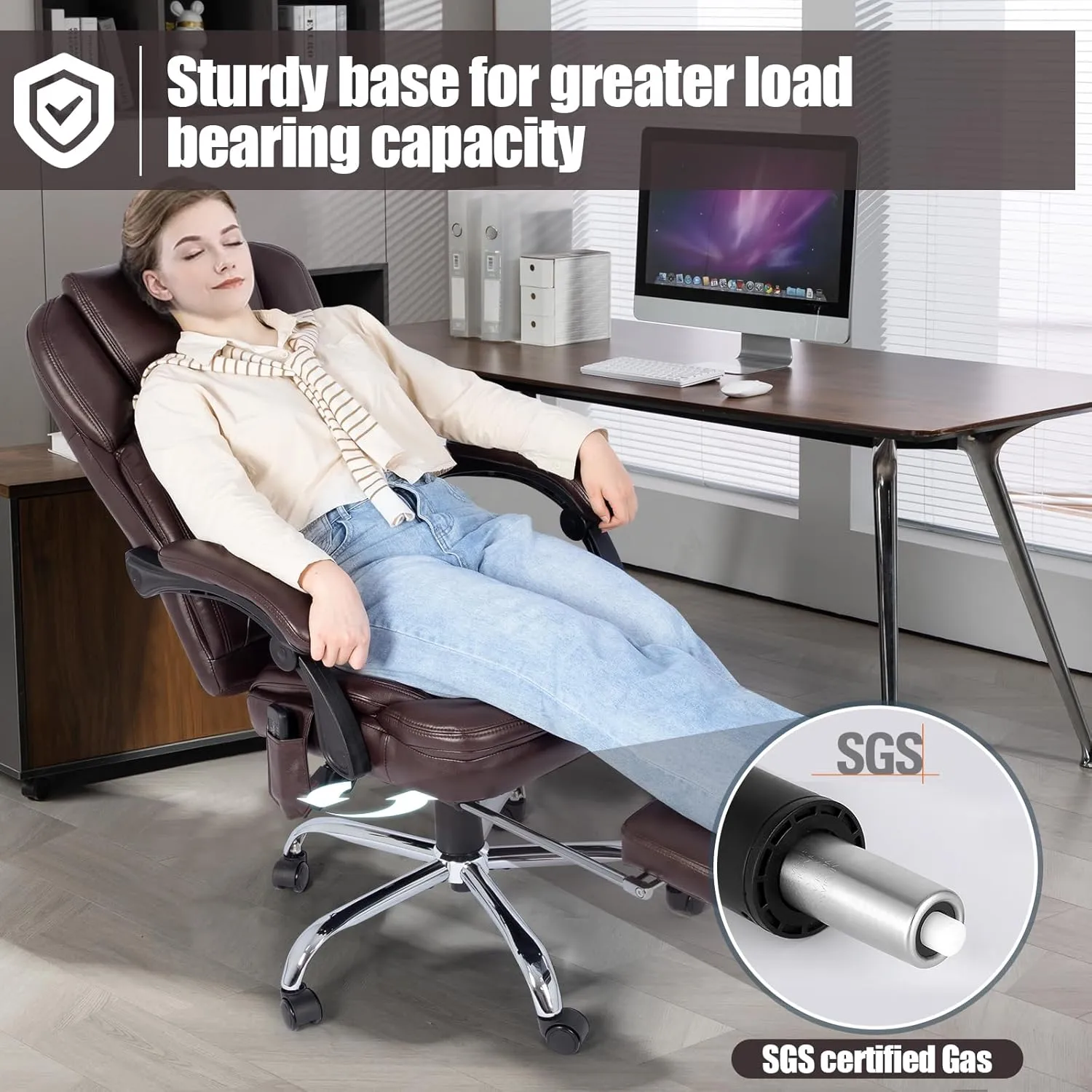 400lbs Executive Leather Office Chair with Ergonomic Design and Reclining Function - Comfortable Computer Desk Chair with Integrated Foot Rest-Breathable & Brown