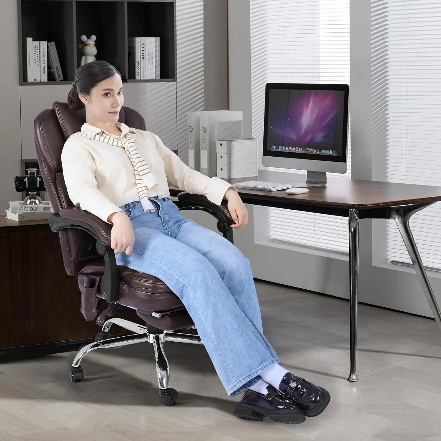 400lbs Executive Leather Office Chair with Ergonomic Design and Reclining Function - Comfortable Computer Desk Chair with Integrated Foot Rest-Breathable & Brown