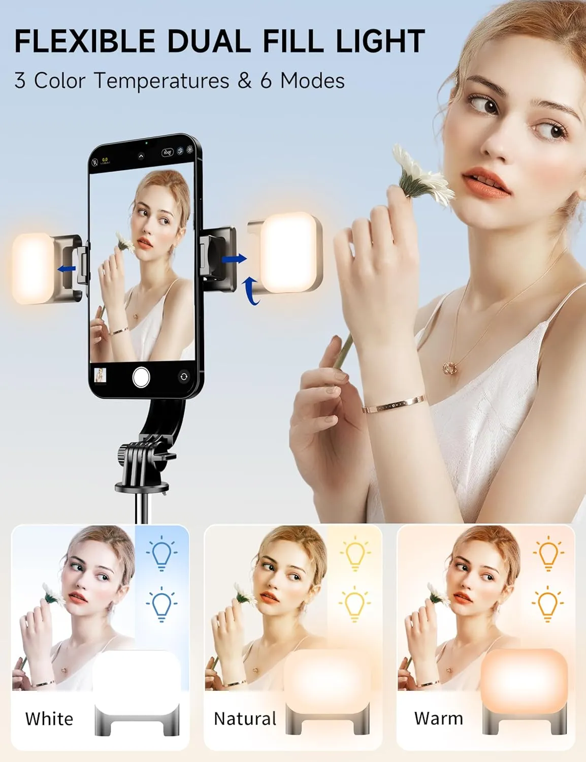 45" Selfie Stick Tripod with 2 Lights, Extendable 5 in 1 Selfie Stick Phone Tripod, Portable Selfie Sticks with Wireless Remote Compatible with iPhone 15/14/13 Pro Max, Samsung, Android, Gopro